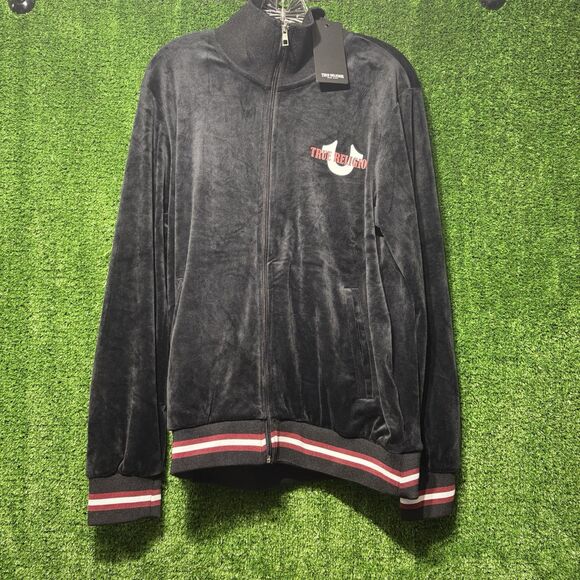 NWT True Religion Black Velour Full Zip Track Jacket Sweatshirt Men’s Small - Picture 1 of 5